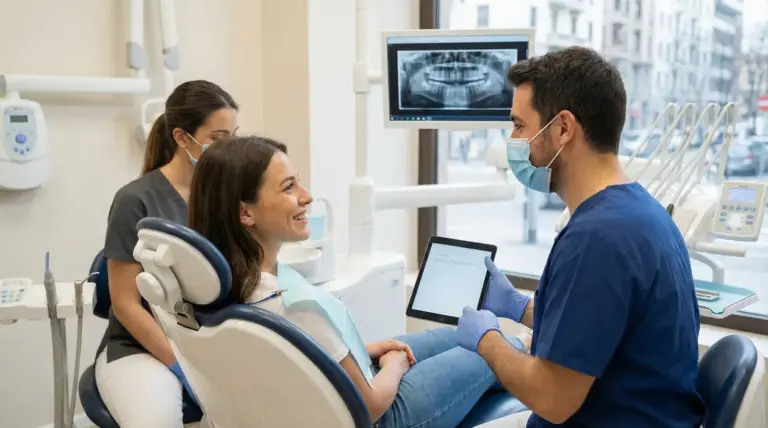 Una persona seduta su una poltrona odontoiatrica parla con un dentista in uno studio dentistico.