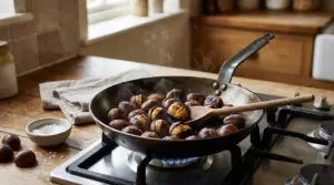 Castagne che cuociono in padella su fornello a gas con cucchiaio di legno
