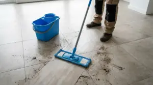 Persona che pulisce un pavimento in gres porcellanato con mocio e secchio