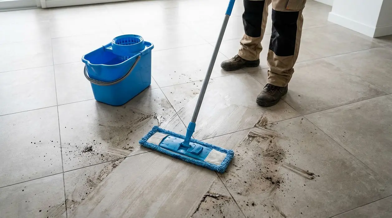 Persona che pulisce un pavimento in gres porcellanato con mocio e secchio
