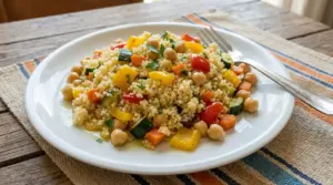 Piatto di cous cous con verdure colorate e ceci su un tavolo rustico