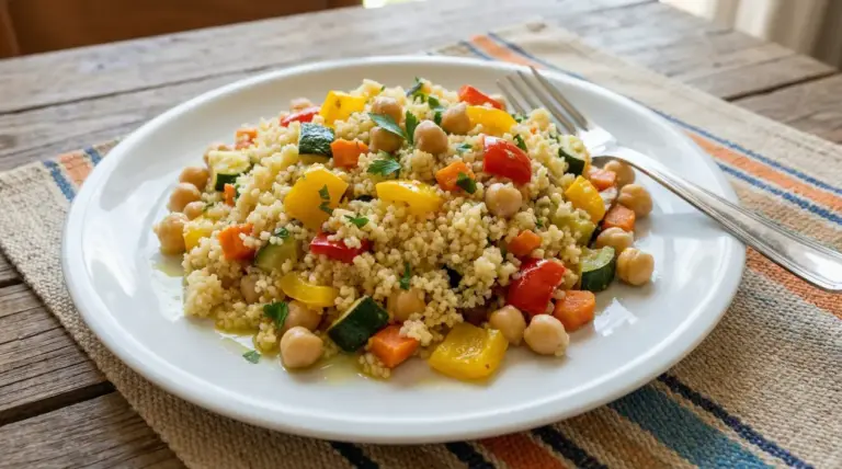 Piatto di cous cous con verdure colorate e ceci su un tavolo rustico