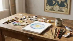 Tavolo con materiali per dipingere e disegno dell'oroscopo in un quaderno