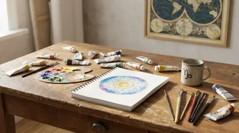Tavolo con materiali per dipingere e disegno dell'oroscopo in un quaderno