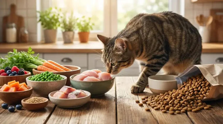 Gatto vicino a ciotole con crocchette e ingredienti freschi su un tavolo di cucina