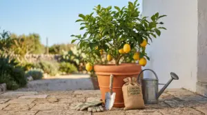 Pianta di limone in vaso con limoni maturi, attrezzi da giardinaggio e concime organico