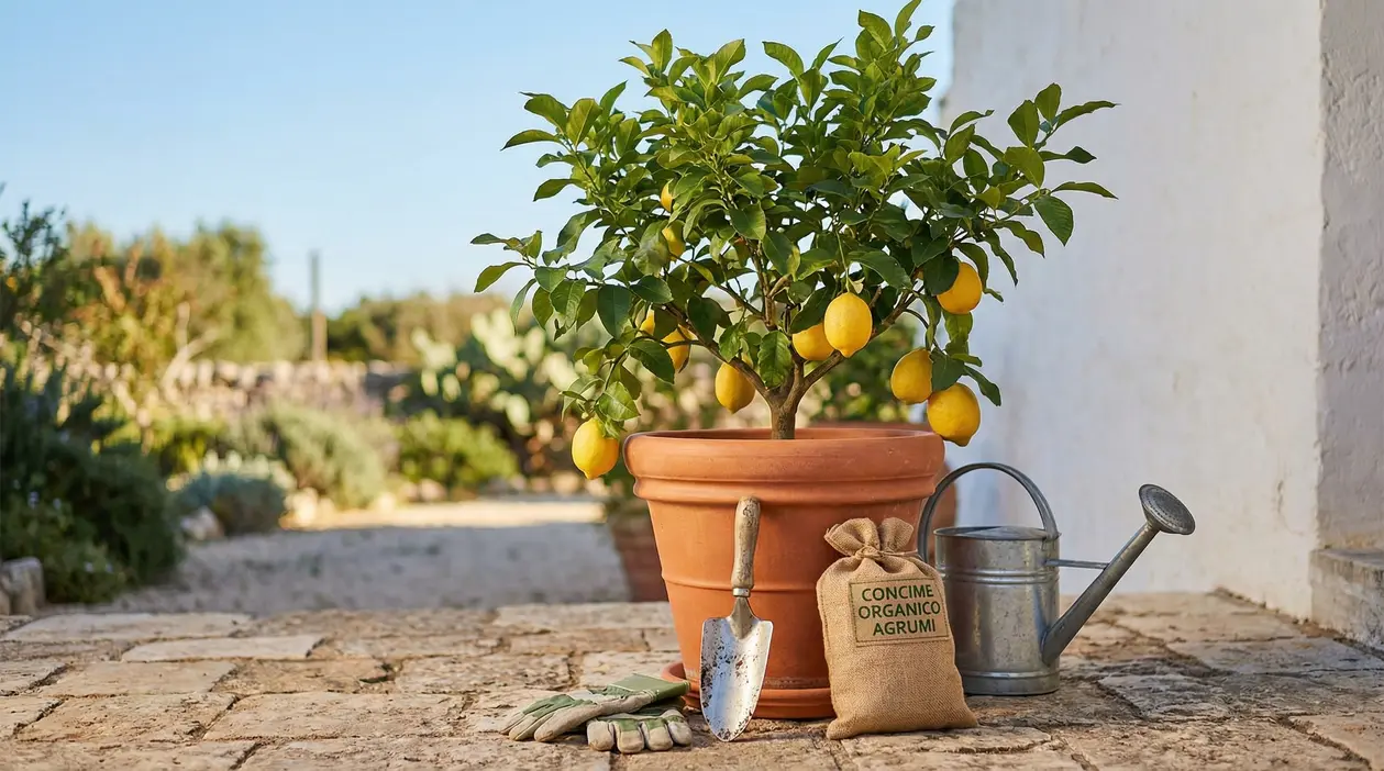 Pianta di limone in vaso con limoni maturi, attrezzi da giardinaggio e concime organico