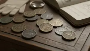 Gettoni telefonici italiani datati disposti su un tavolo accanto a un taccuino da collezione