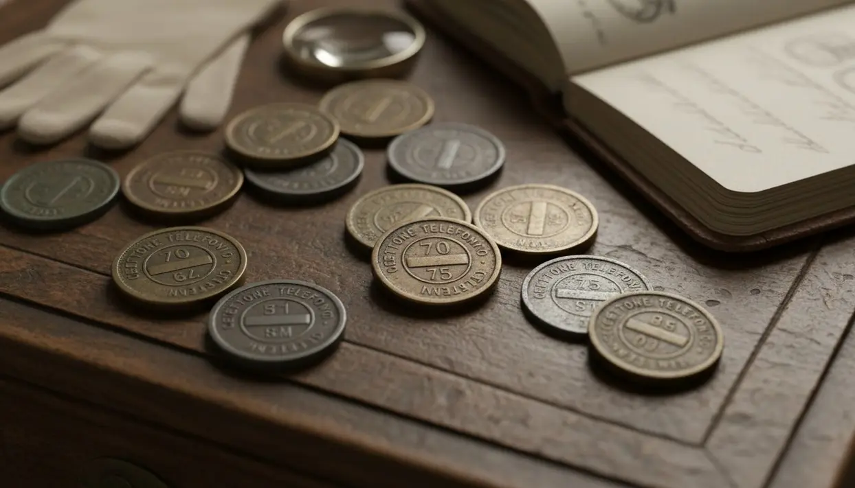Gettoni telefonici italiani datati disposti su un tavolo accanto a un taccuino da collezione