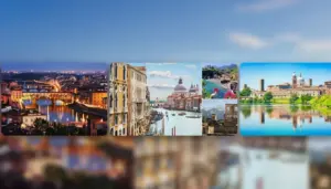 Collage di città italiane con panorami di Firenze, Venezia e altre località turistiche