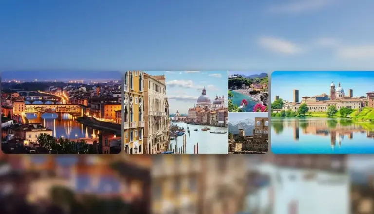 Collage di città italiane con panorami di Firenze, Venezia e altre località turistiche