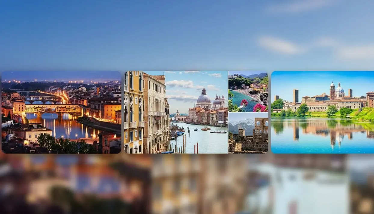 Collage di città italiane con panorami di Firenze, Venezia e altre località turistiche