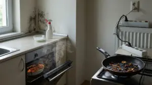 Cucina con cibo bruciato, muffa sul muro e fili elettrici danneggiati