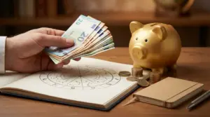 Una mano tiene banconote accanto a un salvadanaio dorato e una ruota zodiacale su un tavolo
