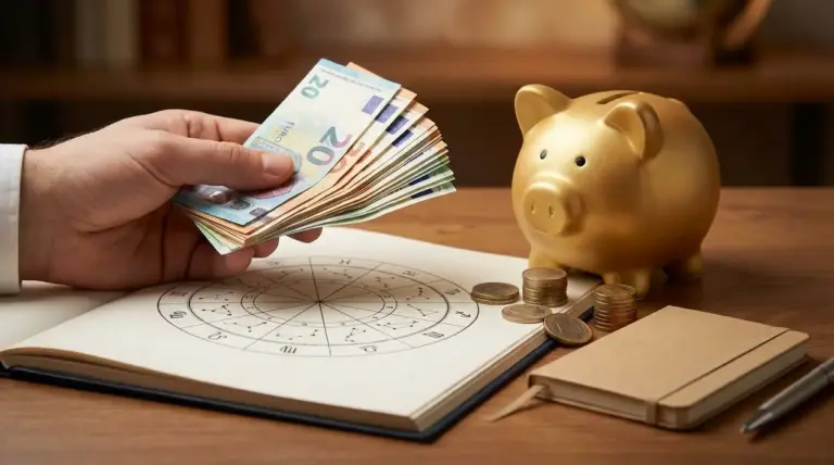 Una mano tiene banconote accanto a un salvadanaio dorato e una ruota zodiacale su un tavolo
