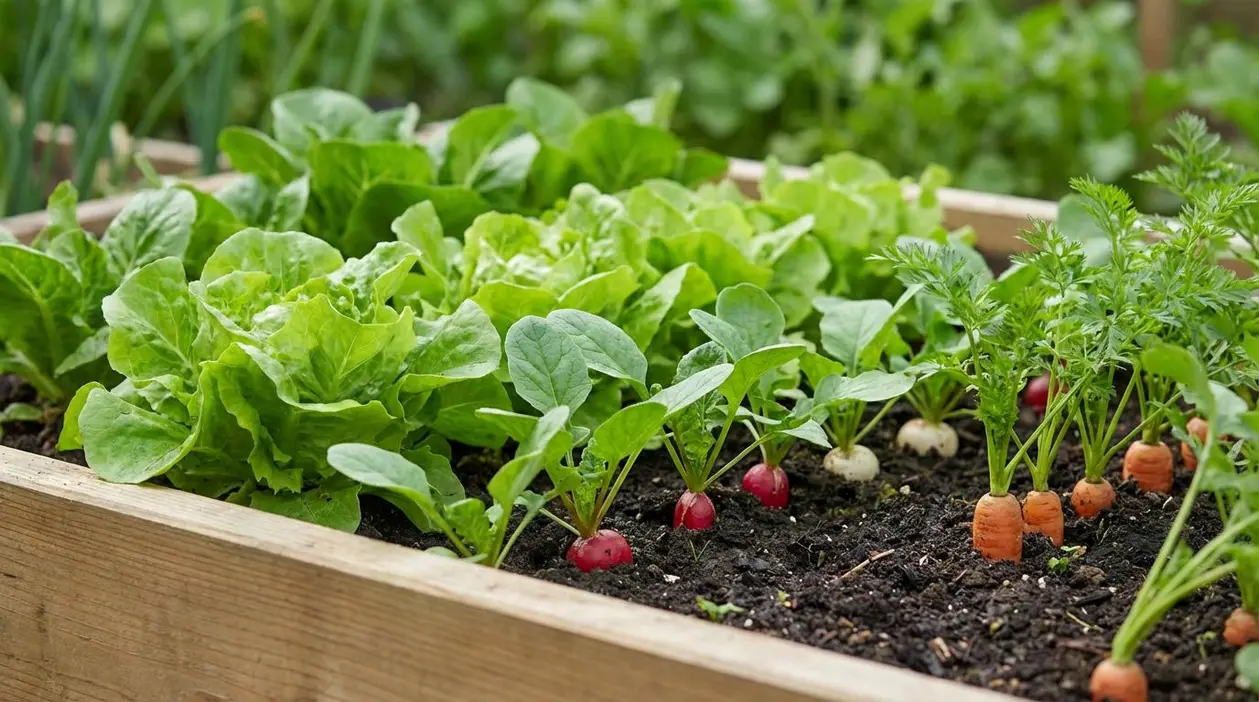 Ortaggi a crescita rapida come lattuga, ravanelli e carote in un orto rialzato