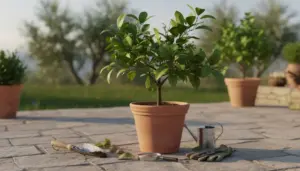 Pianta di limone in vaso con attrezzi da giardinaggio su un patio all'aperto