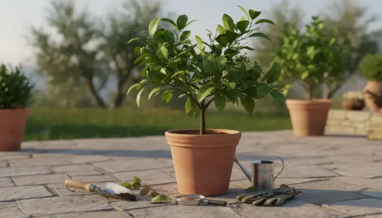 Pianta di limone in vaso con attrezzi da giardinaggio su un patio all'aperto