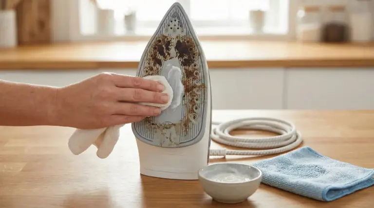 Mano che pulisce la piastra incrostata di un ferro da stiro con un panno