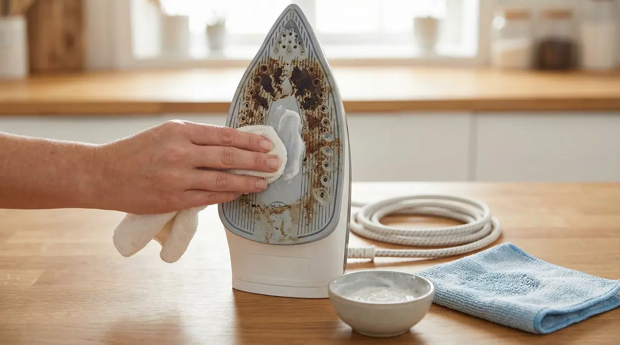 Mano che pulisce la piastra incrostata di un ferro da stiro con un panno