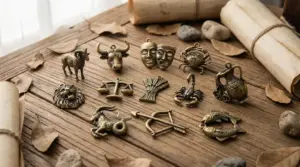 Ciondoli in bronzo con simboli zodiacali disposti su un tavolo di legno con foglie secche