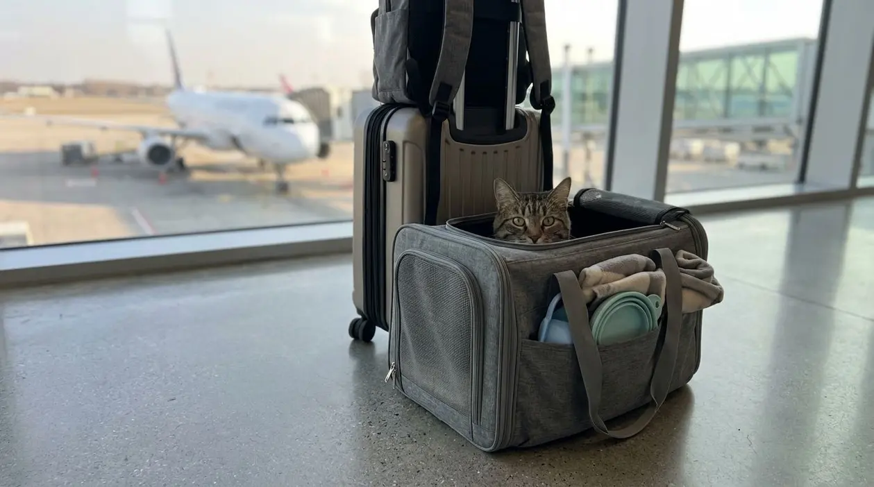 Gatto in un trasportino accanto a un bagaglio a mano in aeroporto