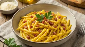 Piatto di trofie alla panna con speck e zafferano, decorato con prezzemolo