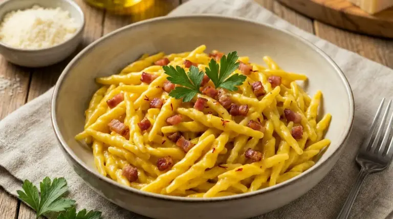 Piatto di trofie alla panna con speck e zafferano, decorato con prezzemolo